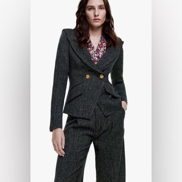 Smythe Jackets & Blazers - SMYTHE - Copine Wool Blend Charcoal Gray Herringbone Blazer